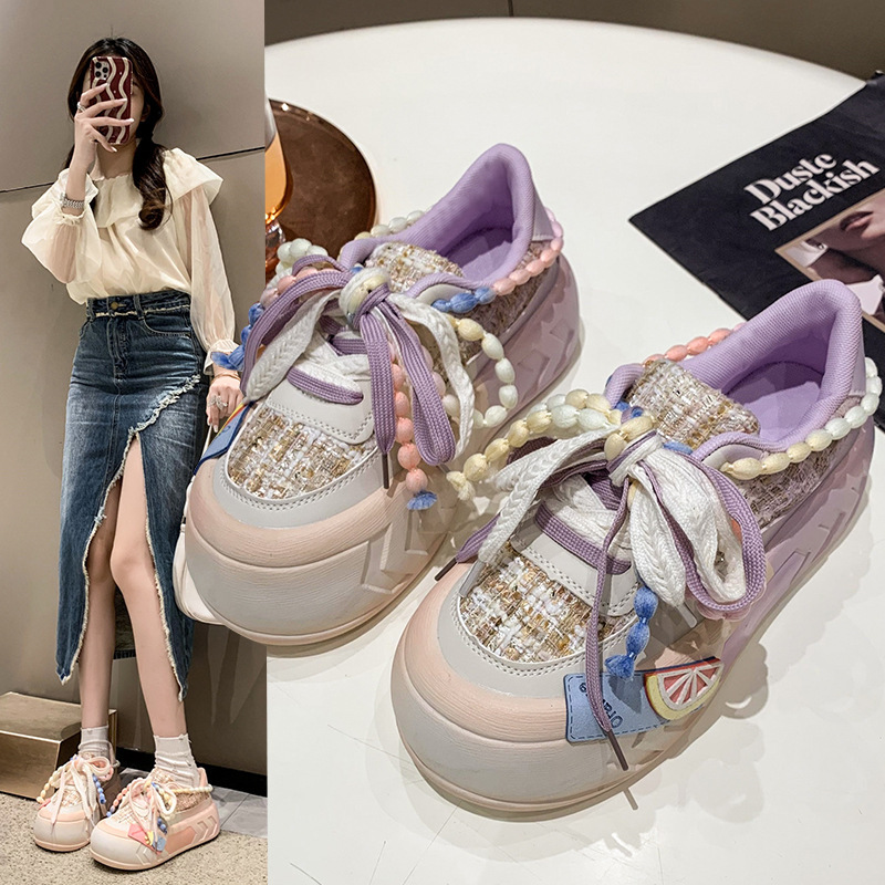 Spring 2023 New Thick-soled Single-layer Shoes Casual Sneakers Women's Colorful Beaded Gradient Color Flat-soled Students Explosive Change Tide