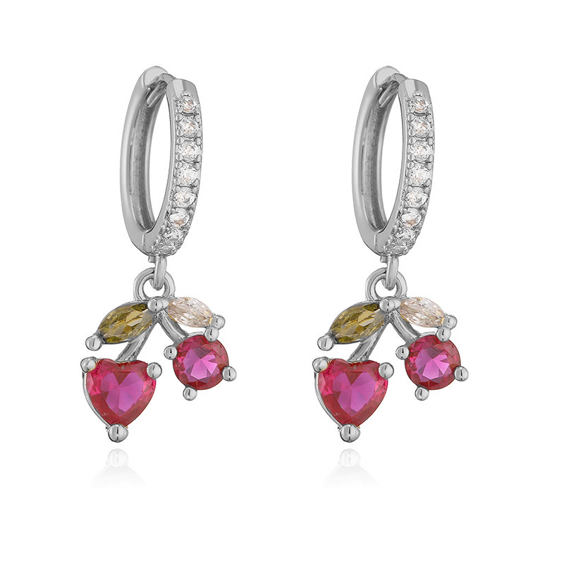 6g Weight Copper Ear Needle Material Zircon Inlay Material Charm Sleeper Hoop Earrings, Earrings Classification 1 Pair Quantity Holiday, Banquet, Daily Occasion Copper Material Cherry, Heart Shape Pattern Women's Gender Inlay Design Sweet Style 1 Pair Sweet Cherry Heart Shape Inlay Copper Zircon Earrings 17