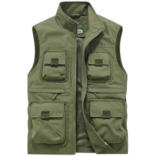 Vest with Printed Logo Men's Vest with Stand Collar and Multiple Flap Pocket Pantss Loose Large Size Advertising Shirt with Printed Reflective Vest