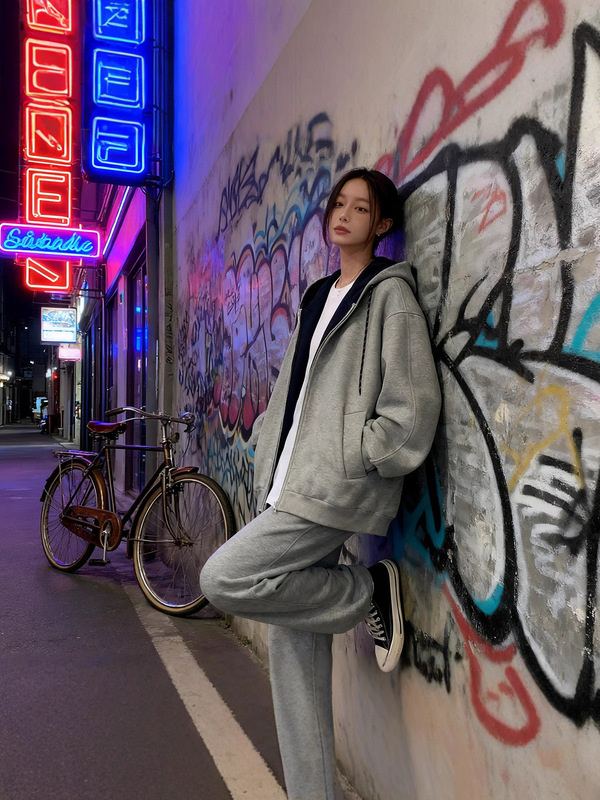 美式复古撞色连帽拉链卫衣外套女秋季休闲宽松开衫慵懒风灰色上衣|undefined