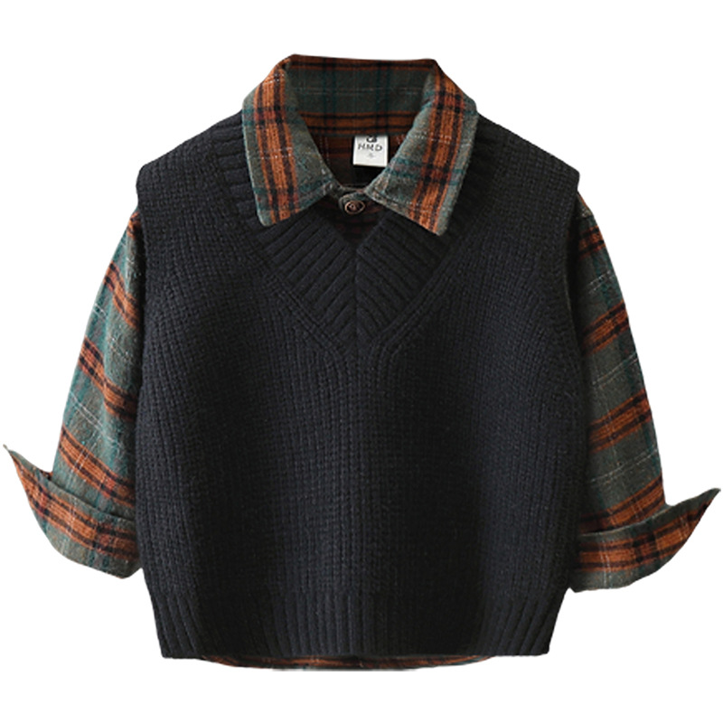 6102 traje de chaleco de punto para niños 2024 nuevo estilo para niños camisa a cuadros coreana bebé primavera y otoño traje de dos piezas