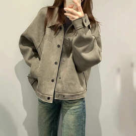 美式复古短款麂皮绒外套女春秋季2026新款慵懒中性风宽松夹克上衣