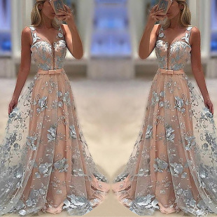2024 European and American Style Women's V-Neck Bow Dress with Mesh Embroidery, Double-Layered Party Gown with Embroidered Mesh
