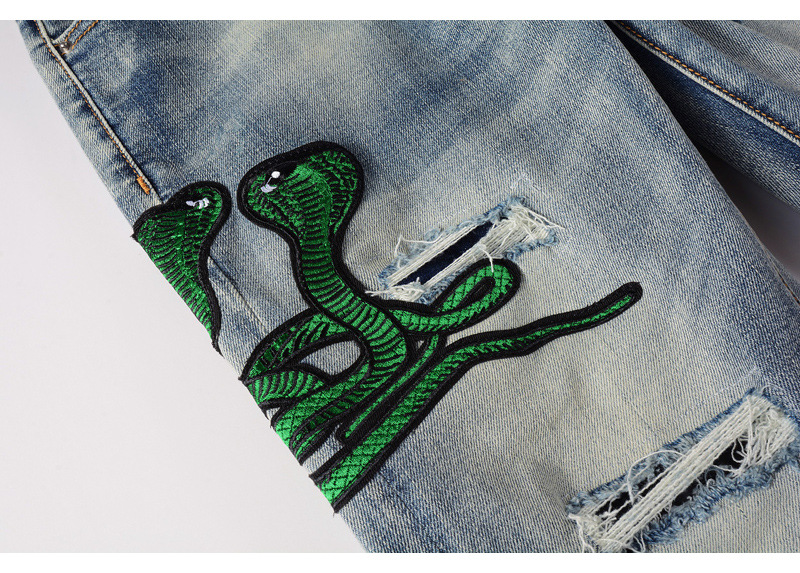 boy European And American High Street Fashion Ripped Jeans Vintage Washed Snake Embroidery Patch Hip Hop Skinny Pants Men's_viptrois.com