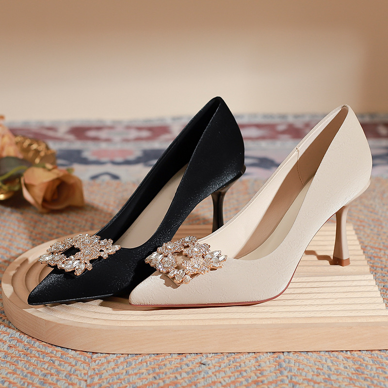 Rhinestone Square Buckle Black High Heels for Women's New Slim Heels, Niche Design, and A Sharp Toe Single Shoe That Won't Fade Away_voghion.com