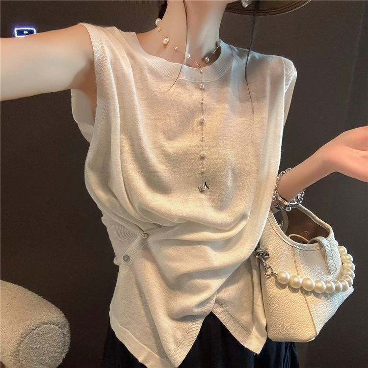 Shunenliangpin French Style Design Pleated Waist Sleeveless Knitwear T-Shirt Women's New Versatile Slim Top
