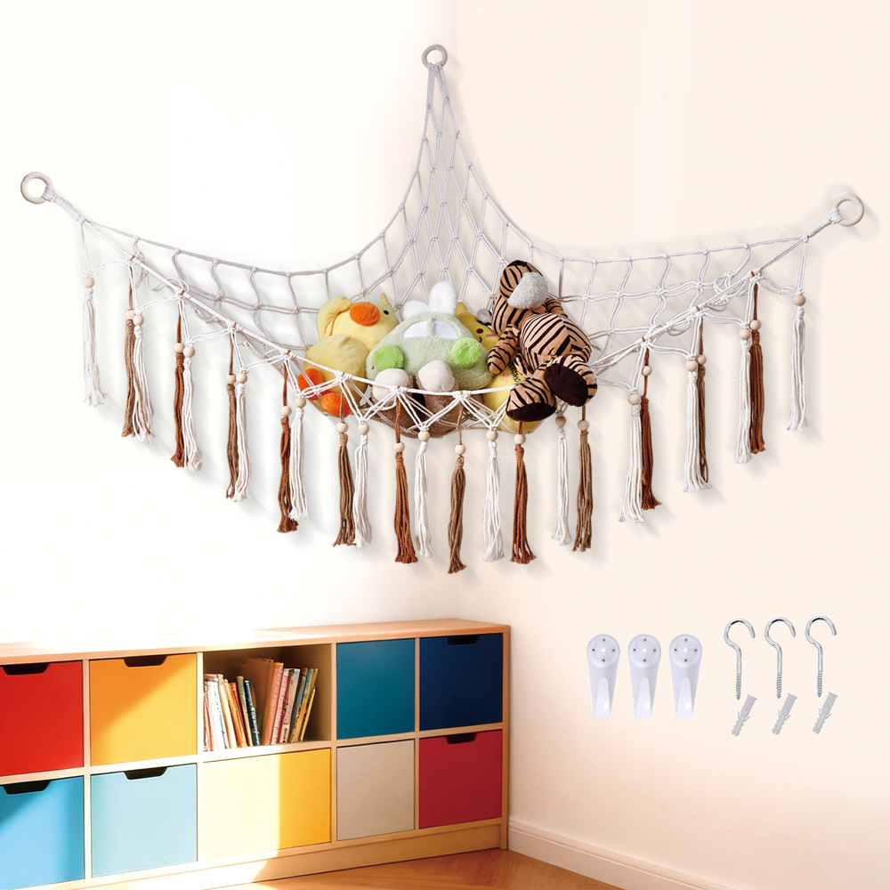 木珠流苏吊坠款三角网 挂墙手工编织 儿童房娃娃收纳网兜  厂家