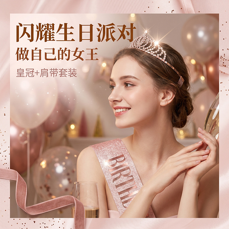 皇冠肩带套装女头饰水钻金属发饰生日派对礼服配饰发箍女王皇冠