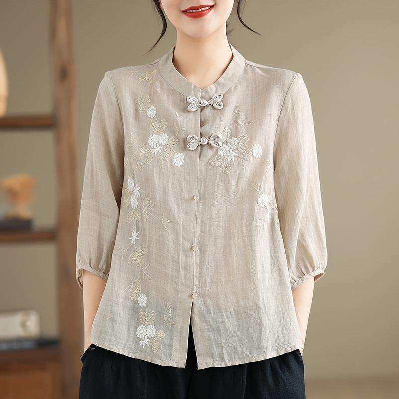 Chinese-Style Stand-Collar Buttoned Top, Retro Heavy-Duty Embroidered Shirt for Women, 2026 Summer, Three-Quarter Sleeve Cotton-Linen Top Chinese-Style Stand-Collar Buttoned Top, Retro Heavy-Duty Embroidered Shirt for Women, 2026 Summer, Three-Quarter Sleeve Cotton-Linen Top