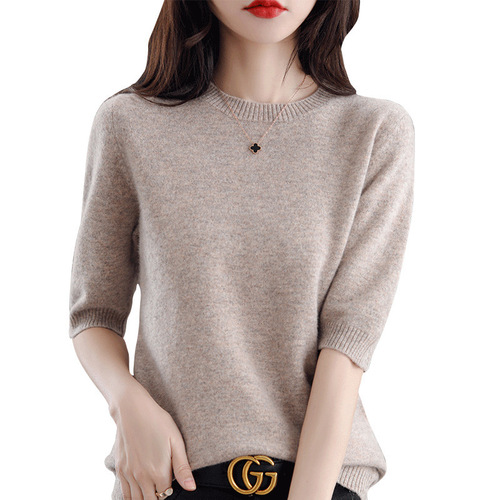 Knit Short Sleeve Thin Women's T-Shirt 2025 Spring and Autumn Half Sleeve Wool Base Shirt Round Neck Medium Sleeve Loose Wholesale