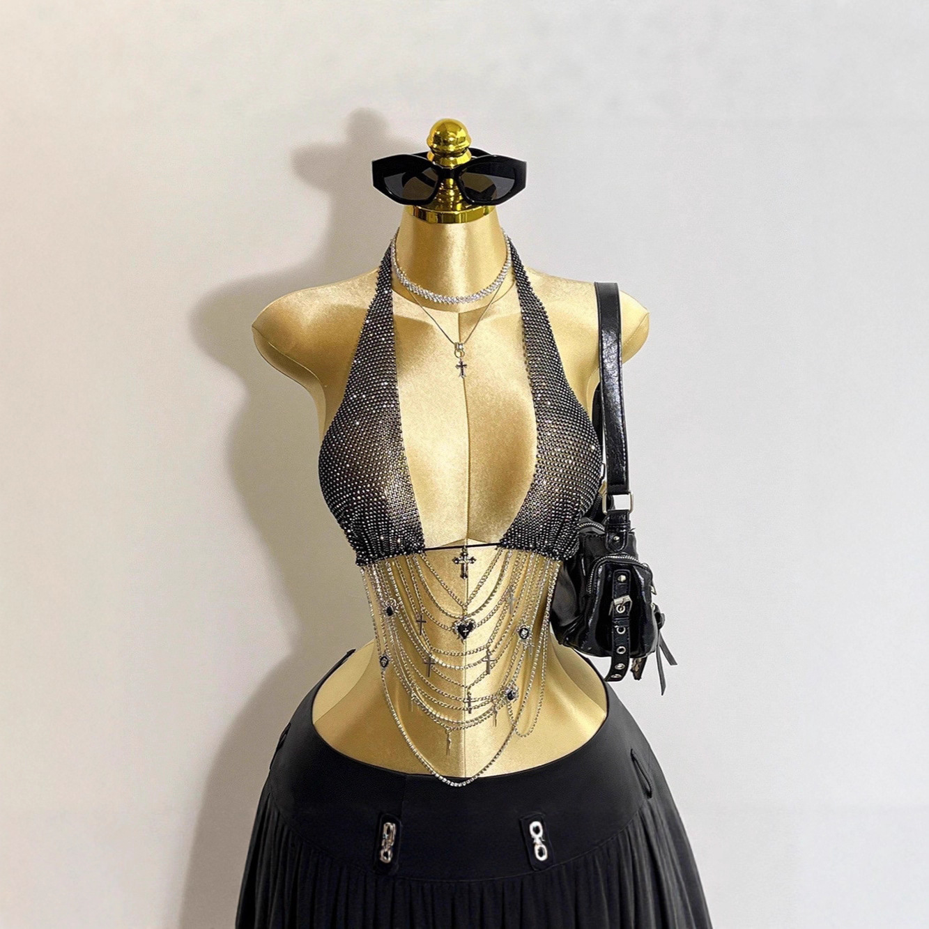 Cross-Border European and American Women's Fishnet Rhinestone Camisole Top Sexy Lace-Up Camisole Sweet and Spicy Style Camisole Women E25660