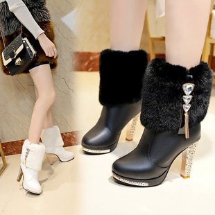 Autumn and winter fashion boots Women's European and American waterproof platform round head rhinestone thick high heel Mao Mao short boots women's shoes wholesale