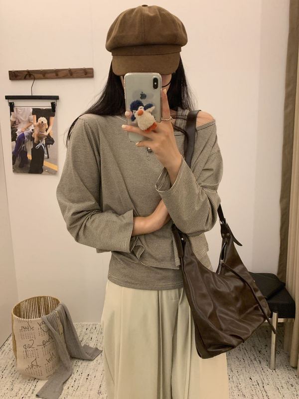 25秋季新款Apm韩系露肩条纹假两件背心两件套女式修身显瘦打底衫|undefined