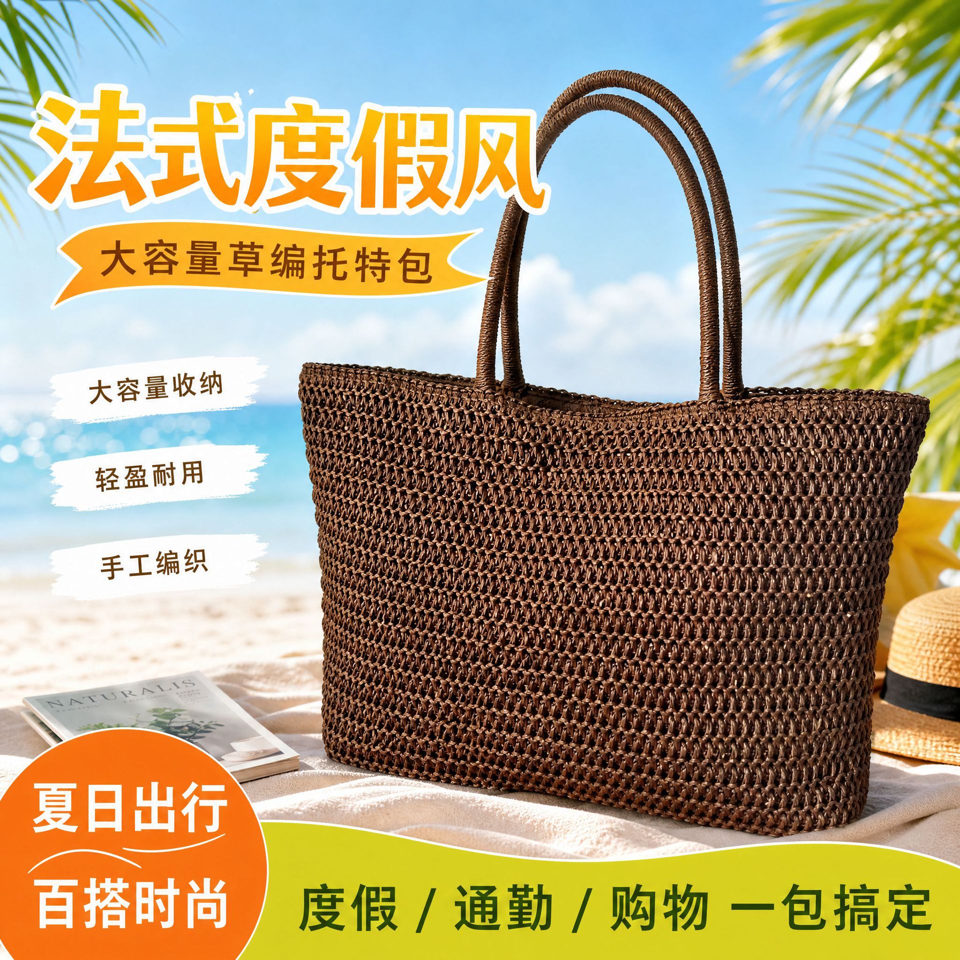 Retro straw capacious beach universal woven bag