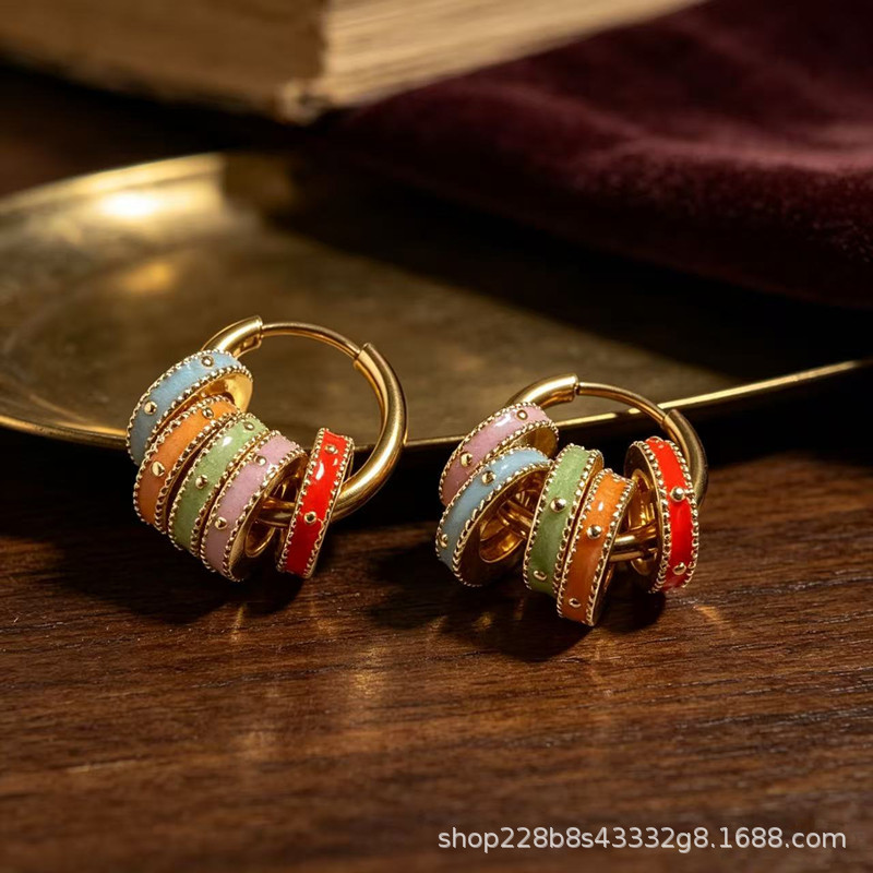 Vintage Colorful Enamel Drop Glaze Circle Earrings, Titanium Steel, Detachable, Multi-Wear Ear Clasp Necklace, High-End Niche Earrings