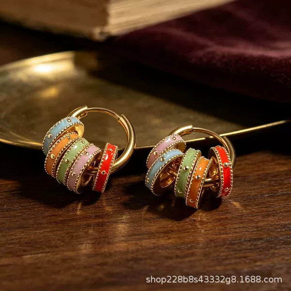 Vintage Colorful Enamel Drop Glaze Circle Earrings, Titanium Steel, Detachable, Multi-Wear Ear Clasp Necklace, High-End Niche Earrings
