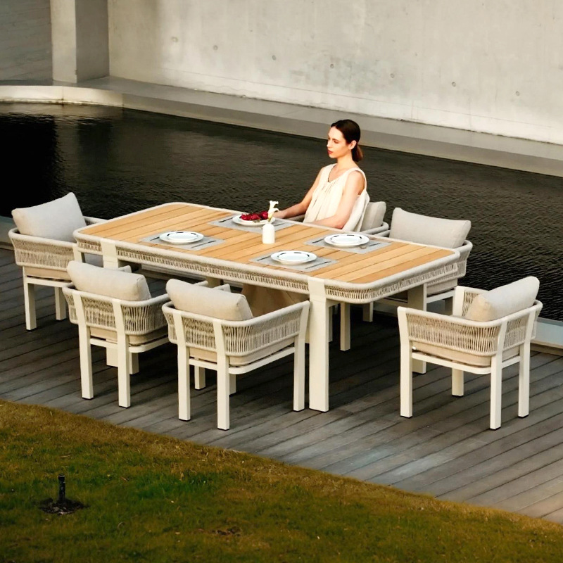Mesa y silla de ocio al aire libre patio villa jardín combinación de tela de caña hotel residencial terraza al aire libre silla de caña impermeable image 2