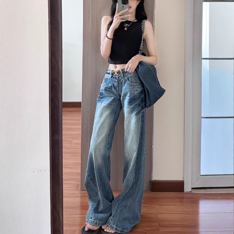 美式水洗阔腿牛仔裤女春秋季新款辣妹低腰宽松显瘦垂感直筒拖地裤|undefined