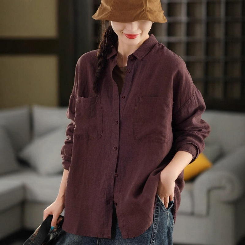 新品复古砂洗亚麻衬衫外套翻领长袖衬衣文艺秋款开衫上衣 女|undefined
