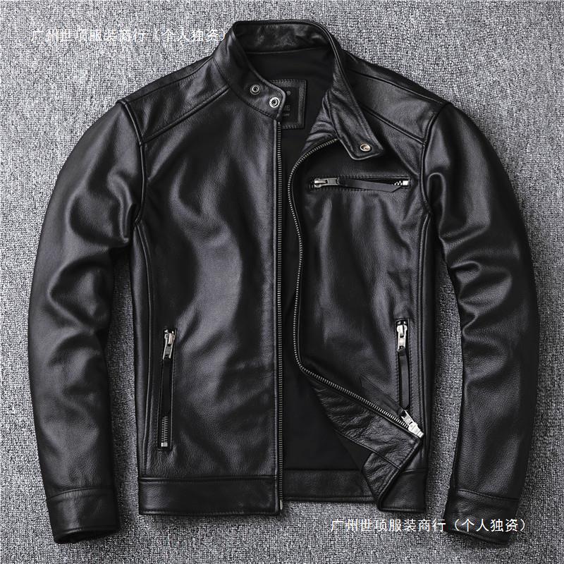 Leather men's calf leather short handsome stand collar young and middle-aged fashionable motorcycle single leather jacket coat new style