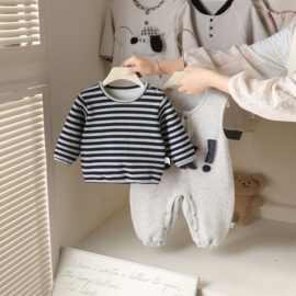 秋季新款婴幼童休闲连帽哈衣儿童简约连体爬服新生儿条纹背带套装