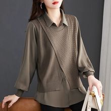 批发拼接毛衣女衬衫领新款韩版短款打底衫洋气假两件套秋装