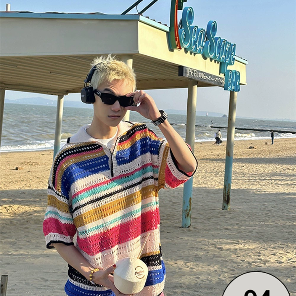 Американский ретро цветной полосатый ажурный трикотаж весной и летом новый лацканник свободный повседневный блузка топ прилив