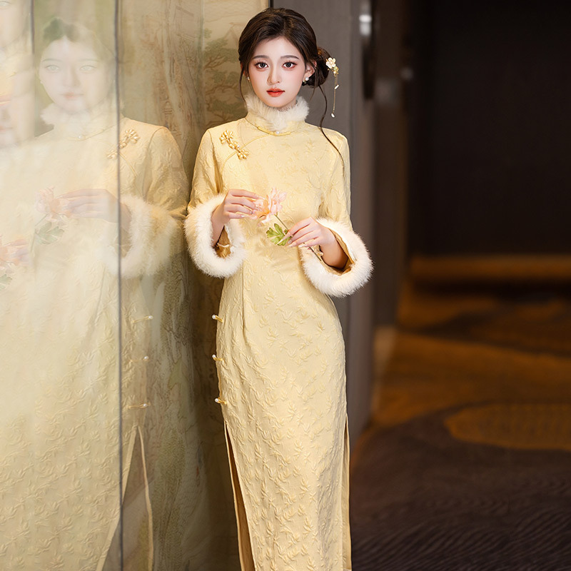鵝黃秋冬加加絨長款日常改良旗袍2024新款年輕款復古長袖平時可穿