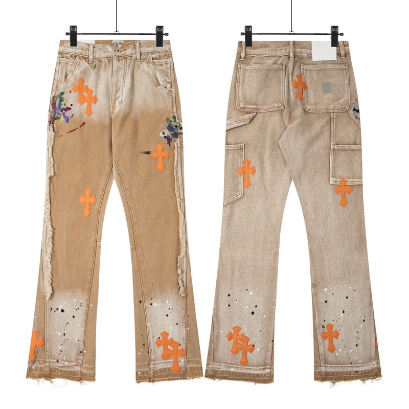 In-Stock Trendy Brand Pants Limited Edition Flame Cross Embroidery Straight-Leg Vintage Washed Celebrity-Style Jeans Unisex