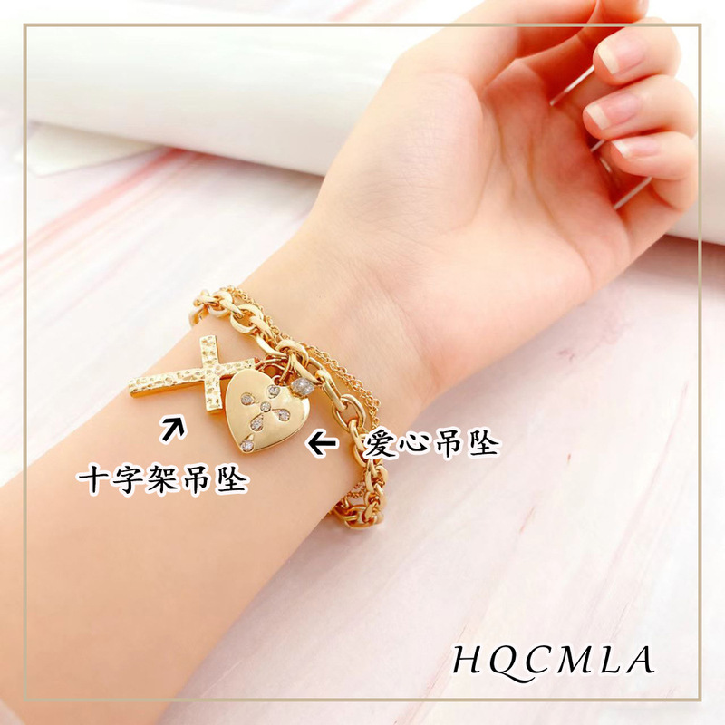 Cross-Border Hot Selling New Products European and American Peach Heart Cross Pendant Niche Design Versatile Style Wholesale Custom Bracelet for Women