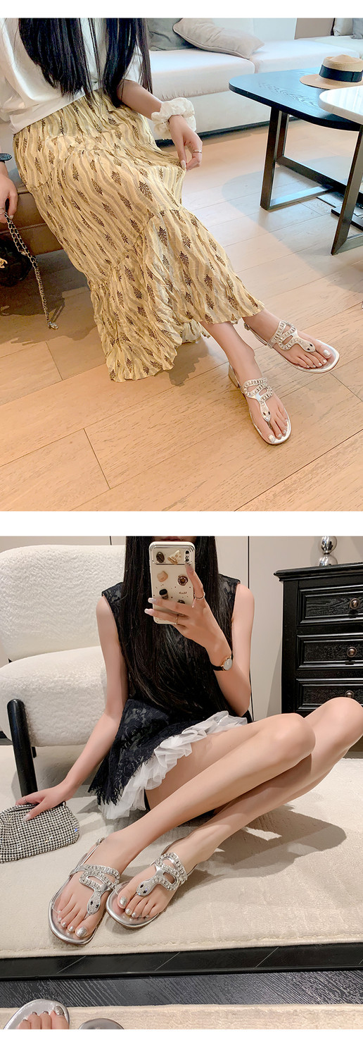 Dép xỏ ngón nữ da thật gót trung dày hở ngón phong cách Pháp đính đá rhinestone — Màu bạc chi tiết 9