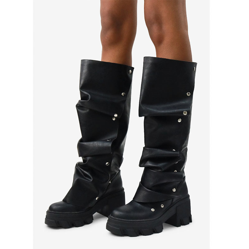 New Foreign Trade Women's Shoes: High-Heeled, Chunky Heel, Thick-Soled, Round-Toe, Metal Studded, Two-Way Wear, Knee-High Boots, Plus Size Women's Shoes
