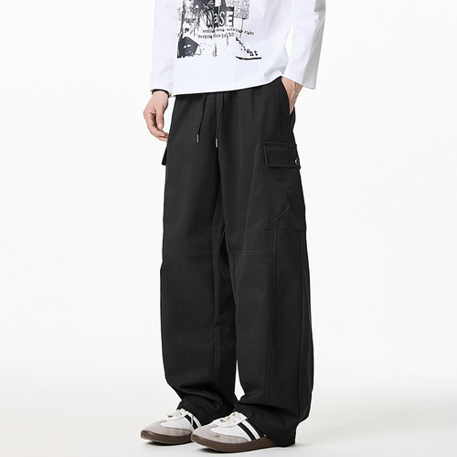 Split and Spliced Design Casual Pants Spring Japanese Style Loose Double Three-Dimensional Pockets Straight-Leg Long Trousers