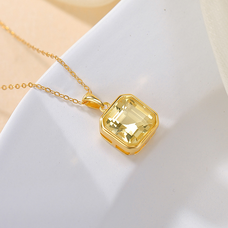 Mặt dây chuyền bạc S925 mạ vàng hình vuông cắt khối pha lê vàng phong cách cổ điển — Mặt dây chuyền đơn (không kèm dây)