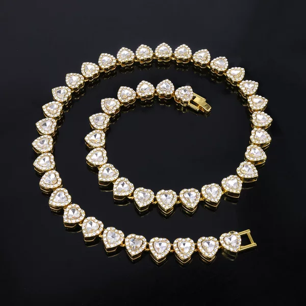 European and American Hip-Hop New 11mm Heart-Shaped Glass Inlaid with Rhinestones Cuban Necklace Thick European and American Jewelry Trendy Cross-Border Manufacturer