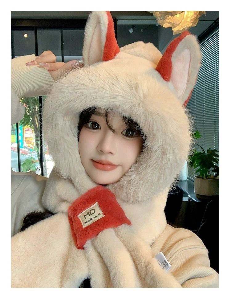 Plush hat in one, women's autumn and winter fox ears cute cycling warm ear protection with thick velvet scarf_voghion.com