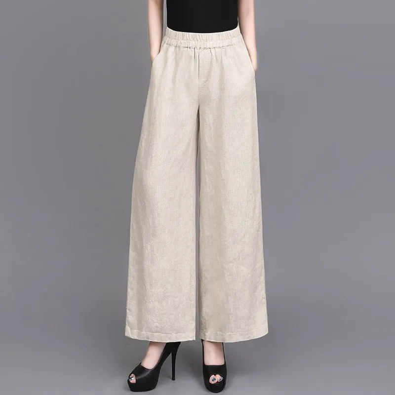 Cross-Border Cotton and Linen Pants, Wide-Legged, Loose and Slim, Summer New Hemp Material, Flesh-Covering Thin Pants, Women's High-Waisted Pants, Long Pants