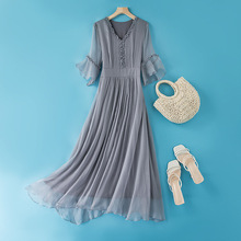 真丝连衣裙长款夏季新款气质高腰V领显瘦桑蚕丝长裙