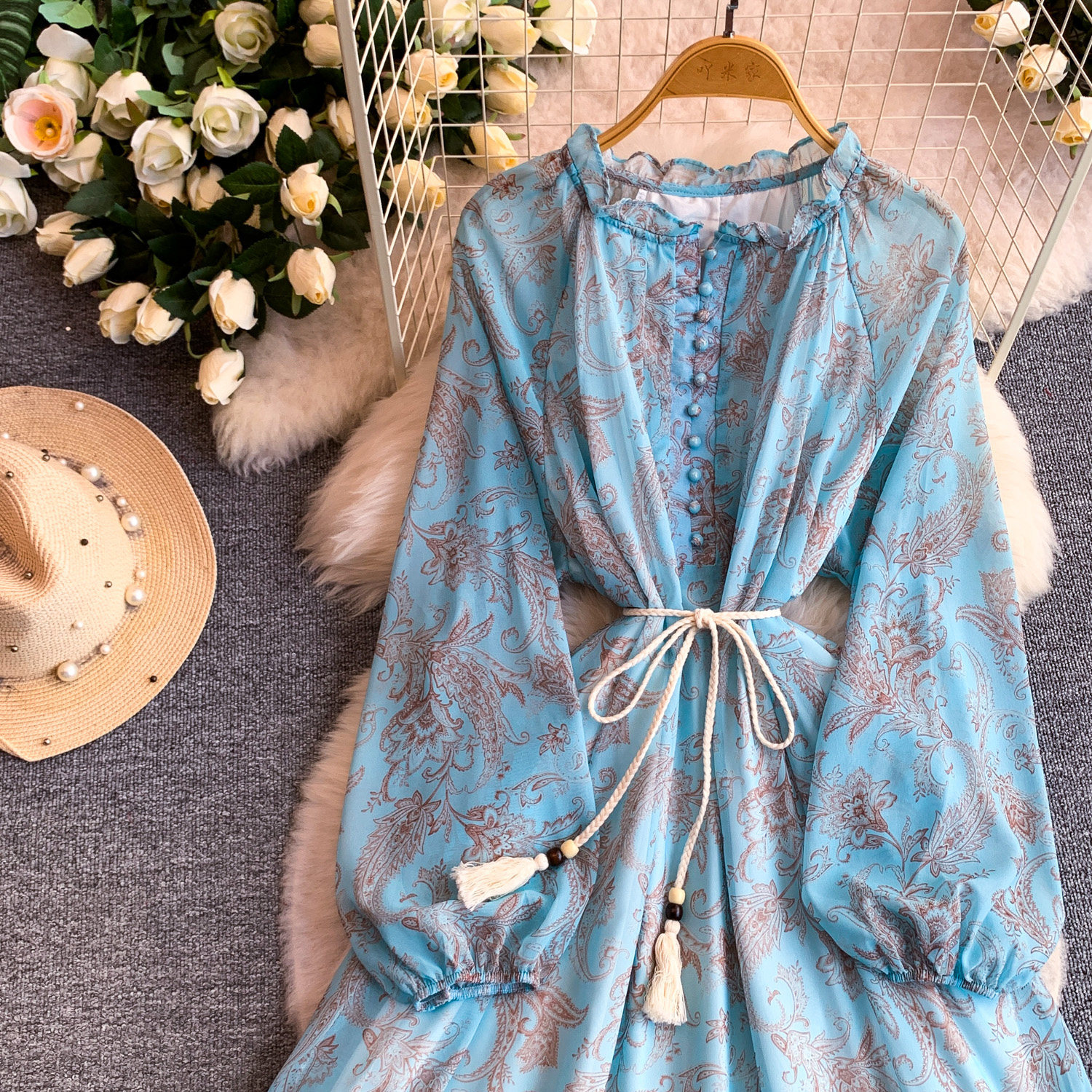 Elegant French Style Long Sleeve Dress Ruffled Collar Rope Waist Cinching Chiffon Printed Maxi Summer Retro Dress_ecoleips.com