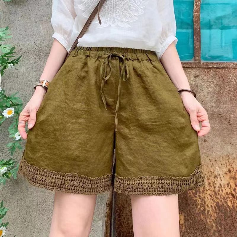 Clearance of Foreign Trade Surplus: Vintage Cotton-Linen Casual Shorts for Women, 2023 New Lace Patchwork Straight-Leg Shorts for Women