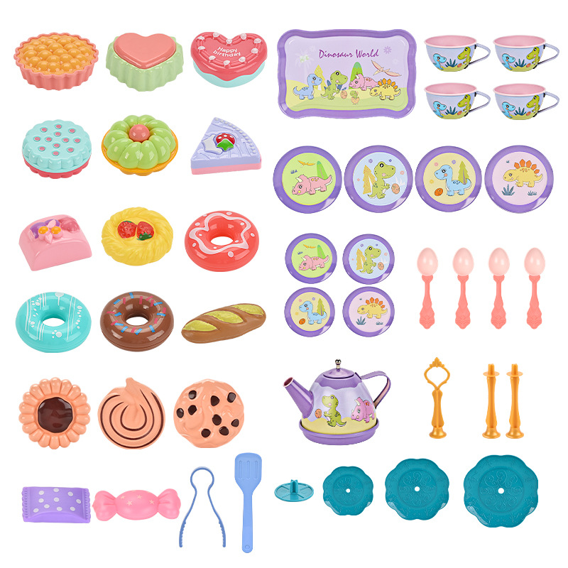 Transfronterizo juego casa simulación comida postre pastel café hojalata té tarde té niños dinosaurio regalo portátil