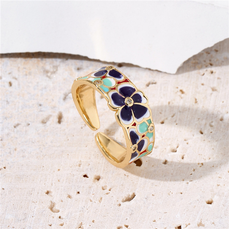 European And American Fashion Copper Micro-inlaid Zircon Jewelry New Oil Drop Flower Opening Ring Adjustable display picture 2