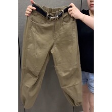 百搭洋气新品高腰松紧九分工装裤显瘦女士遮肉抽绳弯刀裤新款