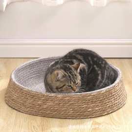 跨境草编猫窝圆形手工编织宠物窝猫咪晒太阳床四季通用猫窝宠物床