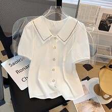 娃娃领白色衬衫女士高端薄款雪纺短袖上衣2023夏季新款设计感小众
