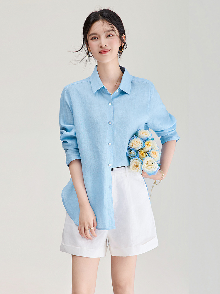 Áo sơ mi nữ linen chất lượng cao, phong cách cổ điển thư giãn, dáng rộng mùa hè — Đỏ Vermilion