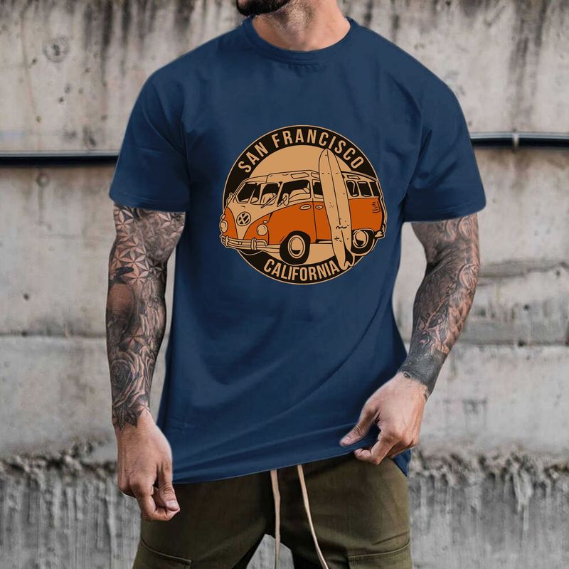 独立駅クロスボーダー男性レトロ車模様綿100% ゆるいプルオーバー半袖tシャツ|undefined
