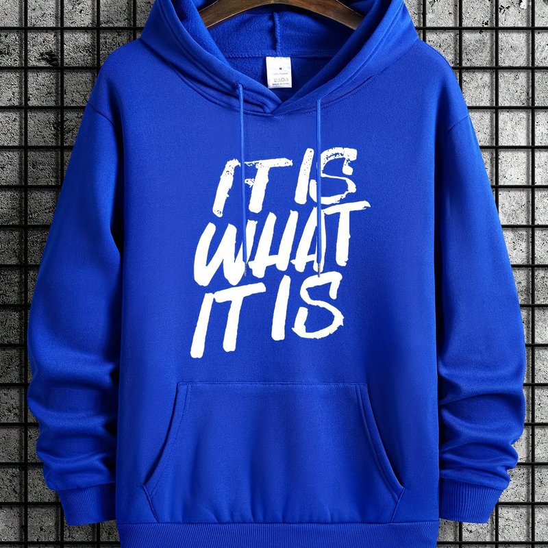 男性カジュアルベージュのパーカーは、「IT IS WHAT IT IS」と印刷されています。|undefined