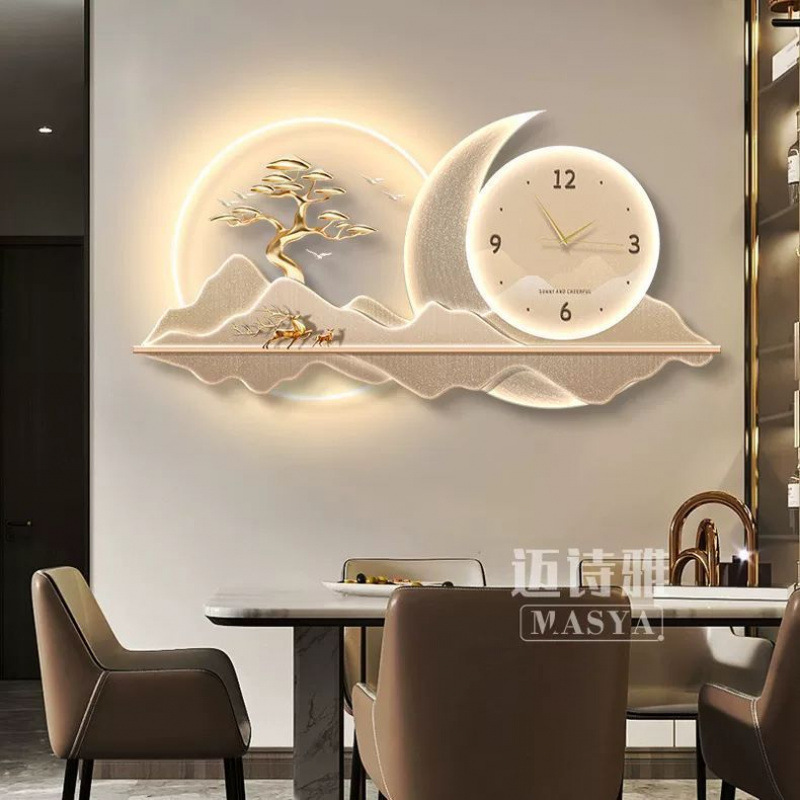 2025 nuevo estilo de pintura de decoración del restaurante reloj de lujo moderno reloj de pared de fondo de la sala de estar reloj creativo lámpara de pared pintura