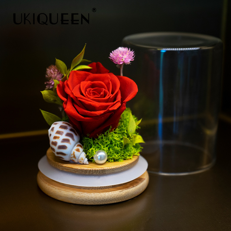 Yunnan Naxi reina flor eterna cubierta de vidrio deseando botella planta espécimen Rosa Flores preservadas Comercio exterior al por mayor